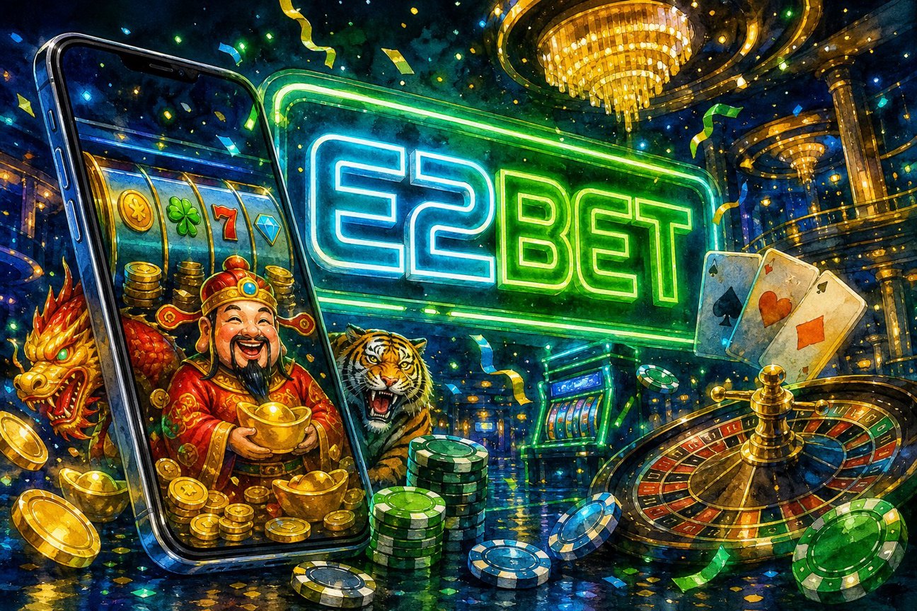 Giao diện cổng game E2BET năm 2026 với các mục trò chơi và khuyến mãi